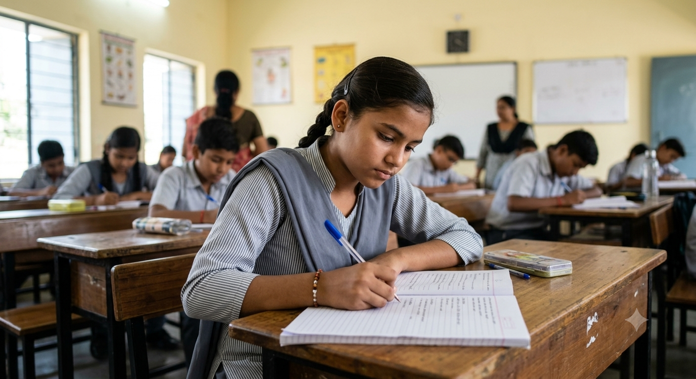 Young students writing exams
