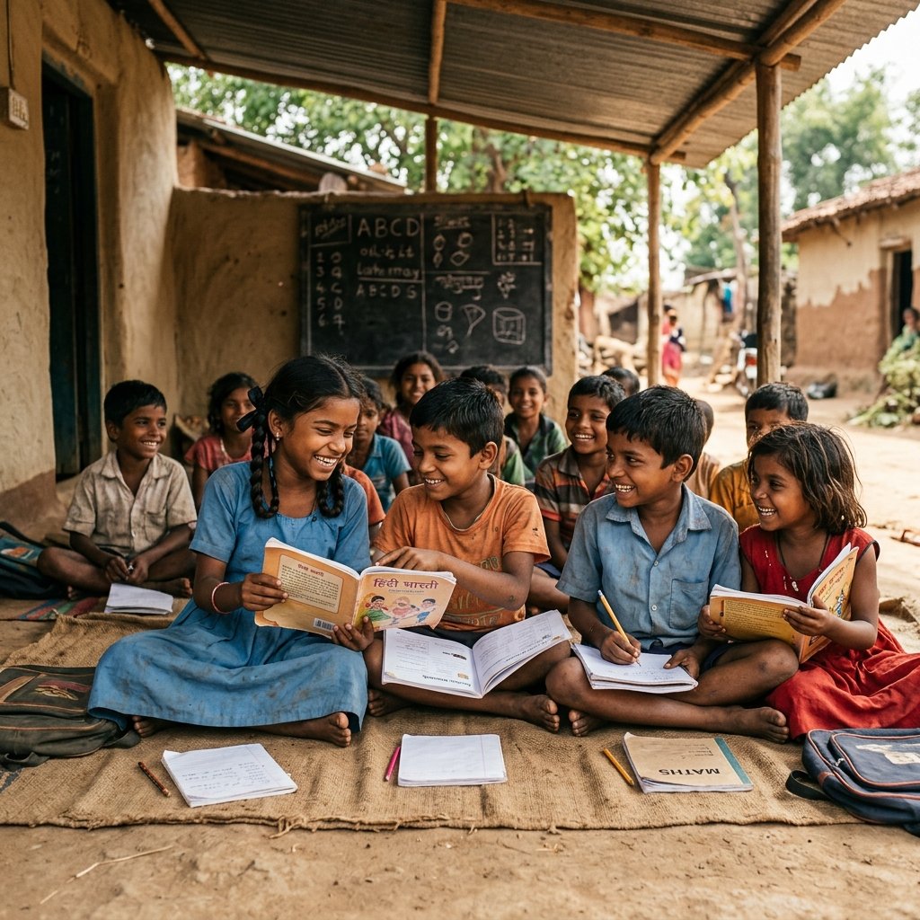 Underprivileged children smiling with school books